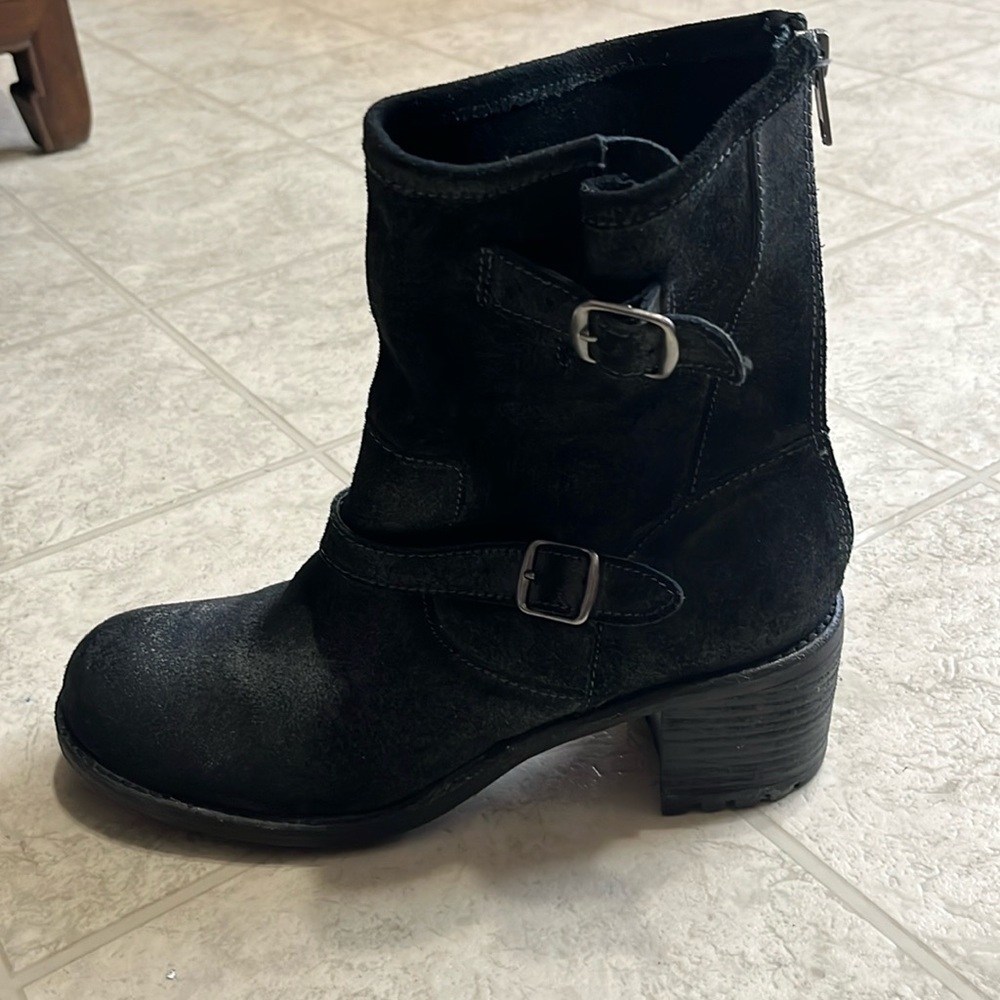 Black Distressed Suede Leather Moto Biker Boots 10